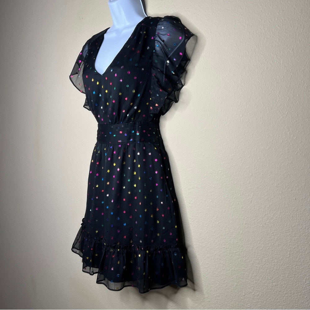 ANTHROPOLOGIE / ALI & JAY Black Ruffle Mini Metallic Polka Dot Dress - Sz S - Picture 7 of 14